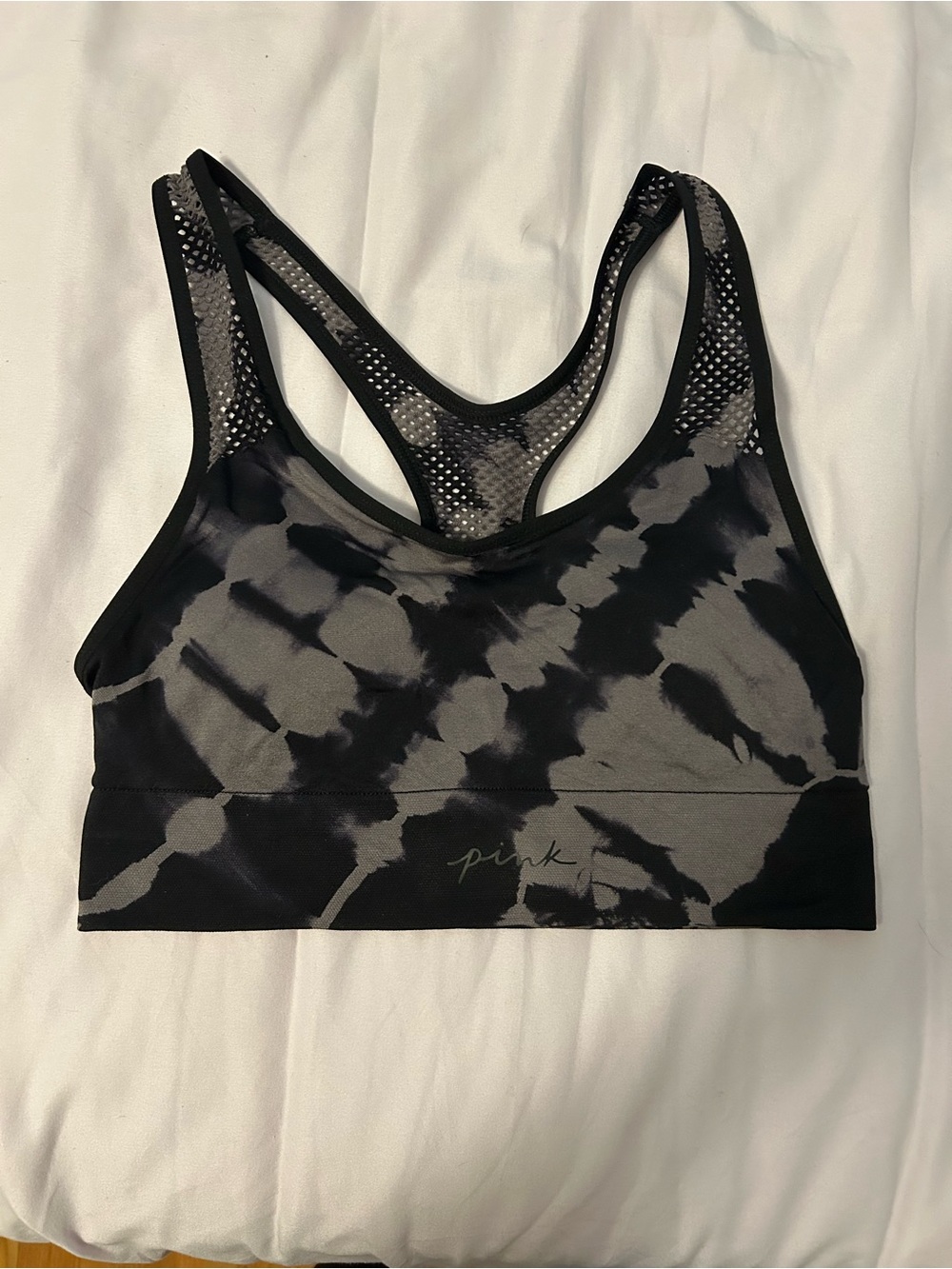 PINK Victoria's Secret Black & Gray Tie-Dye Racerback Sports Bra
